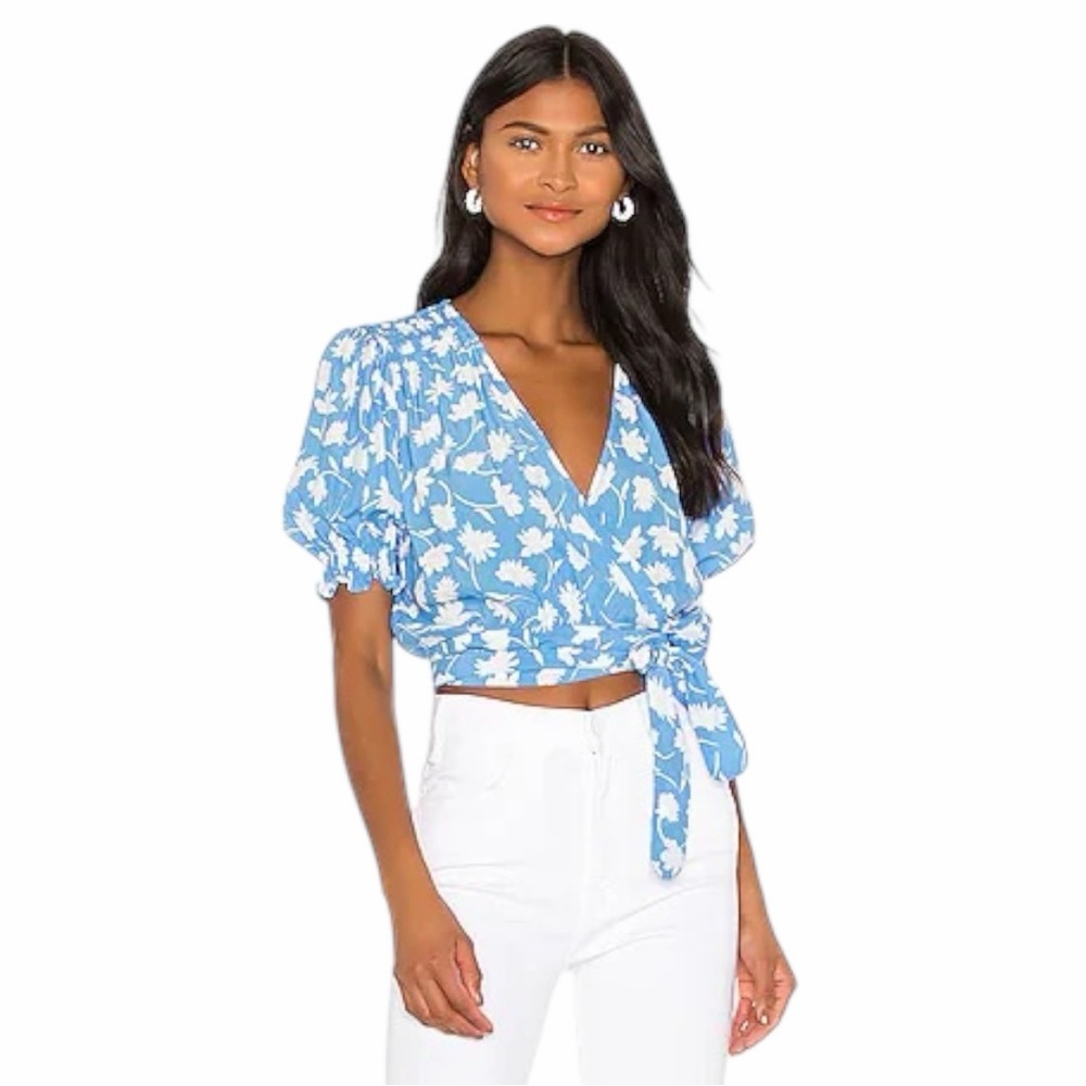 Faithfull the Brand Blue and White Floral Wrap Crop Blouse